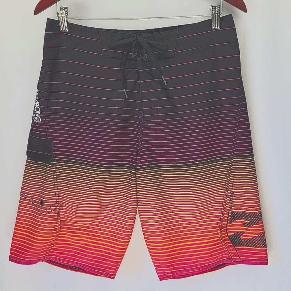 Billabong Platinum Board Shorts Black with Purple, Pink & Yellow Stripe Size 30